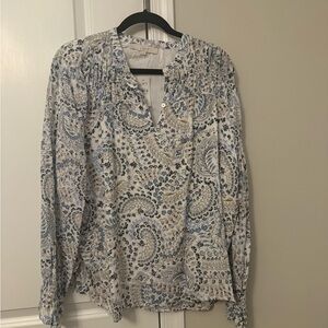 LOFT White Paisley Long-Sleeve V-Neck Blouse with Blue Accents